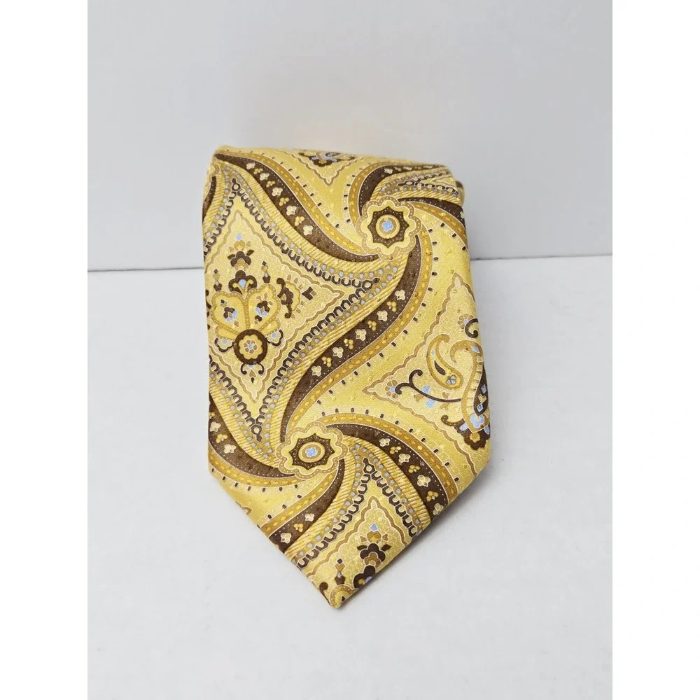 Ermenegildo Zegna Men's Tie Italy yellow brown pattern luxury tie %100‎ silk